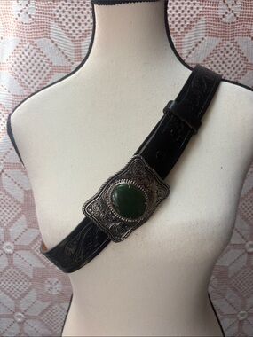 Black Tooled Leather Western Belt Green Stone Buckle 37–41”